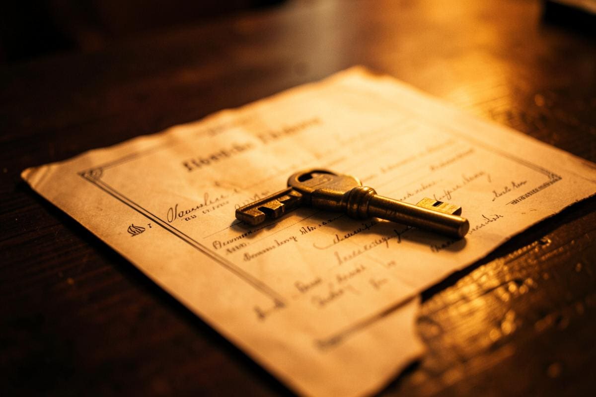 Chave de imóvel apoiada sobre certidão antiga em mesa de madeira
