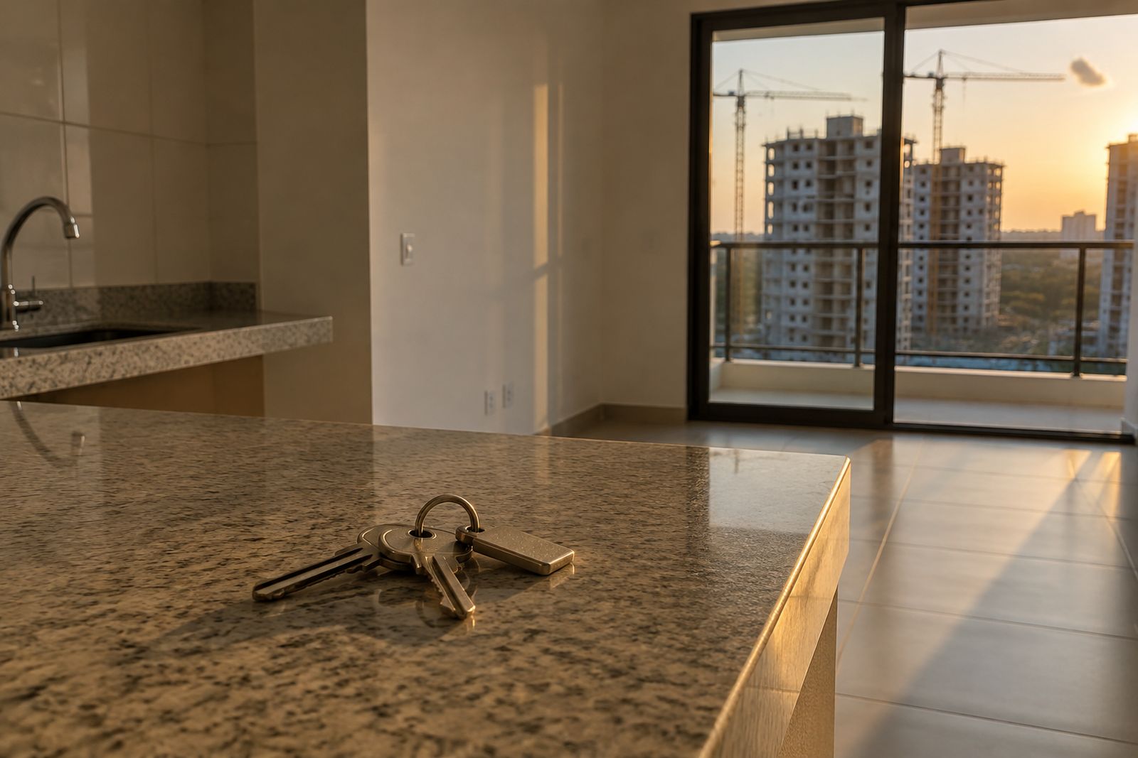 Chaves sobre bancada de apartamento vazio, com edifícios em construção ao fundo.