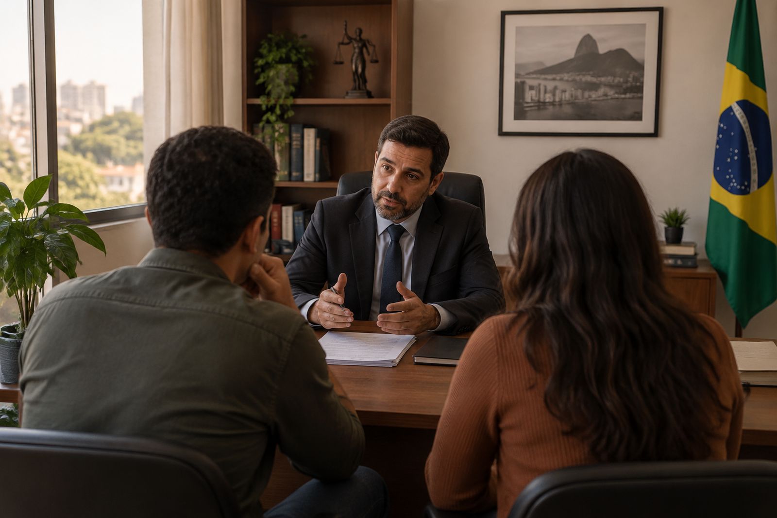 Casal conversa com profissional em escritório sobre documentos do financiamento imobiliário.