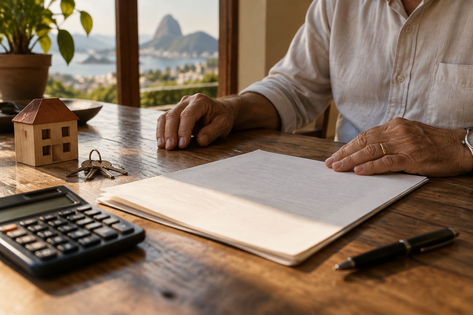 Mãos sobre uma mesa com documentos e calculadora para análise da compra de um lote.