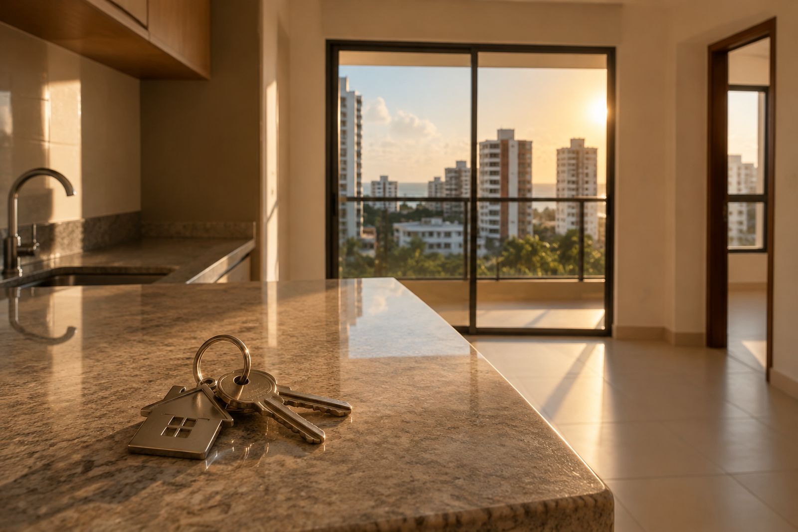 Chaves sobre a bancada de um apartamento novo, com edifícios ao fundo.