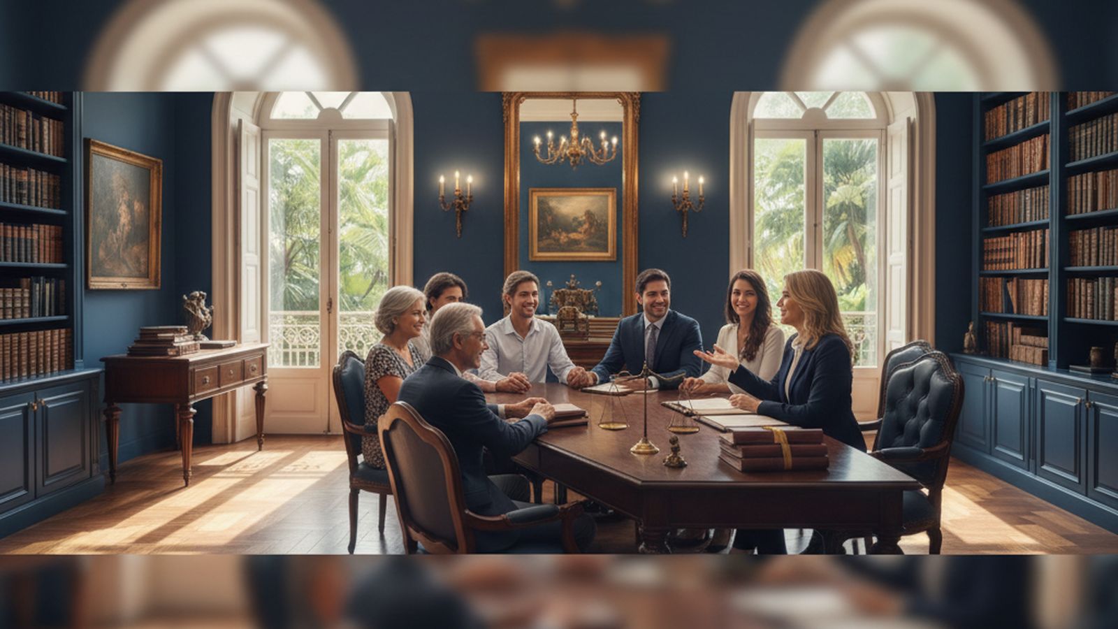 Detalhe de documentos jurídicos — família reunida em planejamento sucessório