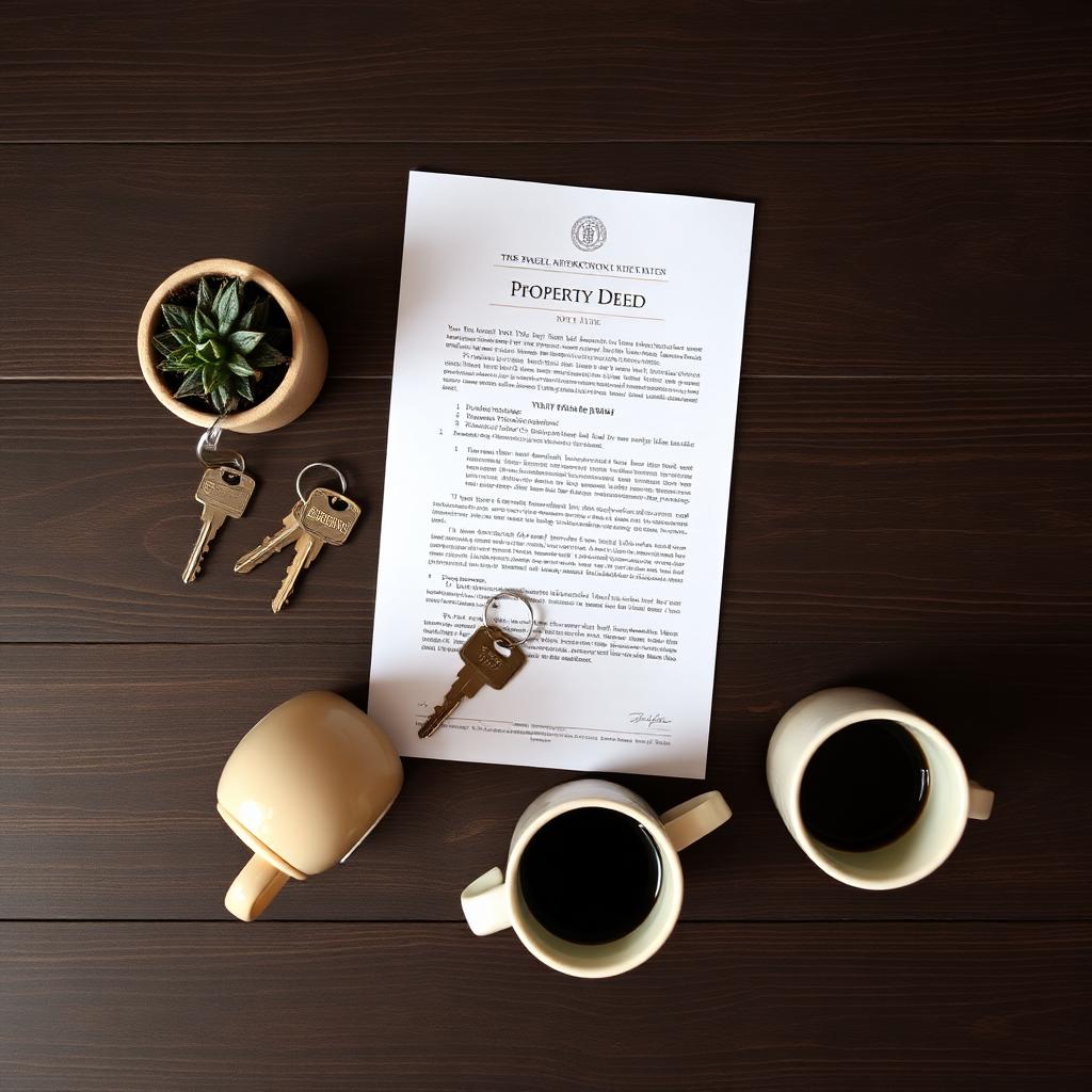 Vista de cima com planta, chaves de casa dividida, escritura e duas xícaras de café