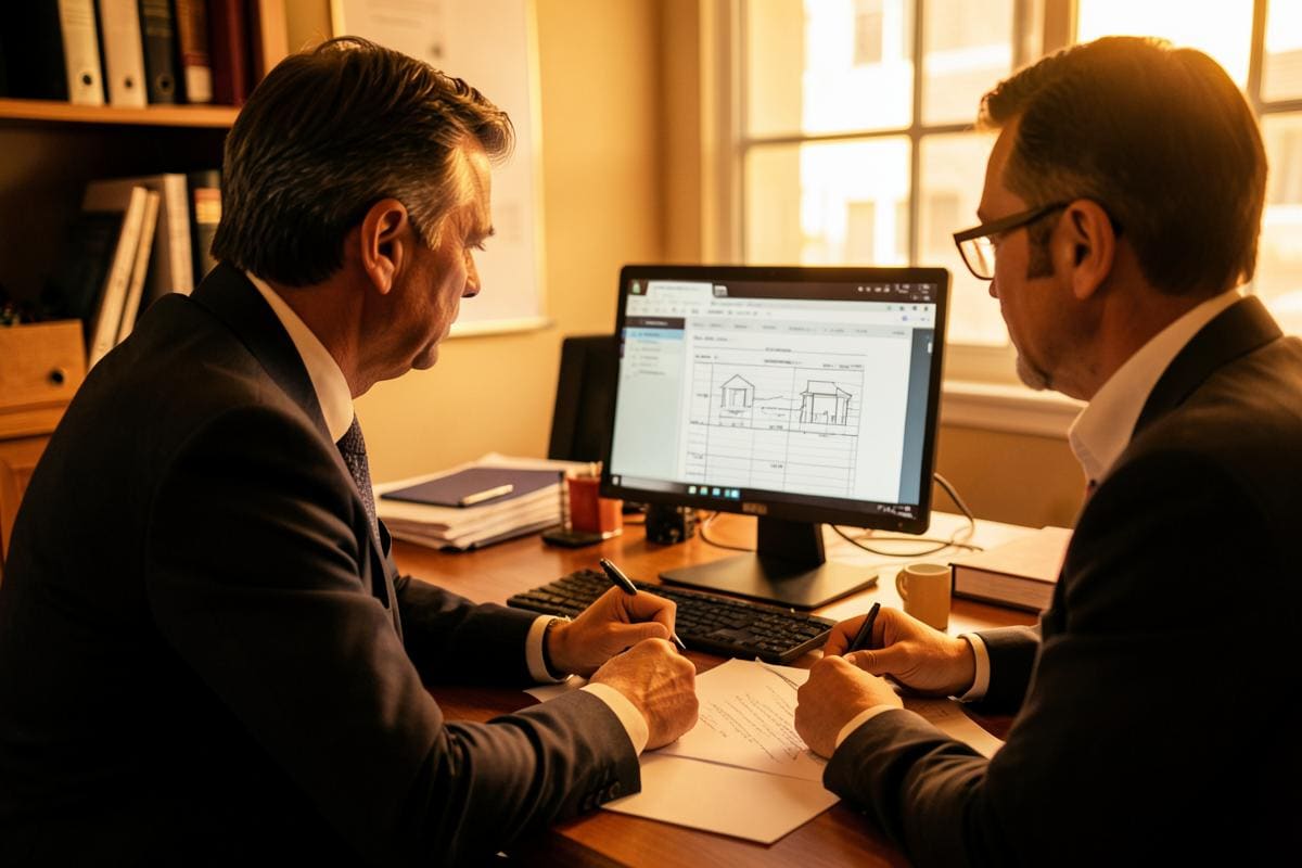 Equipe jurídica analisando matrícula de imóvel em tela e no papel