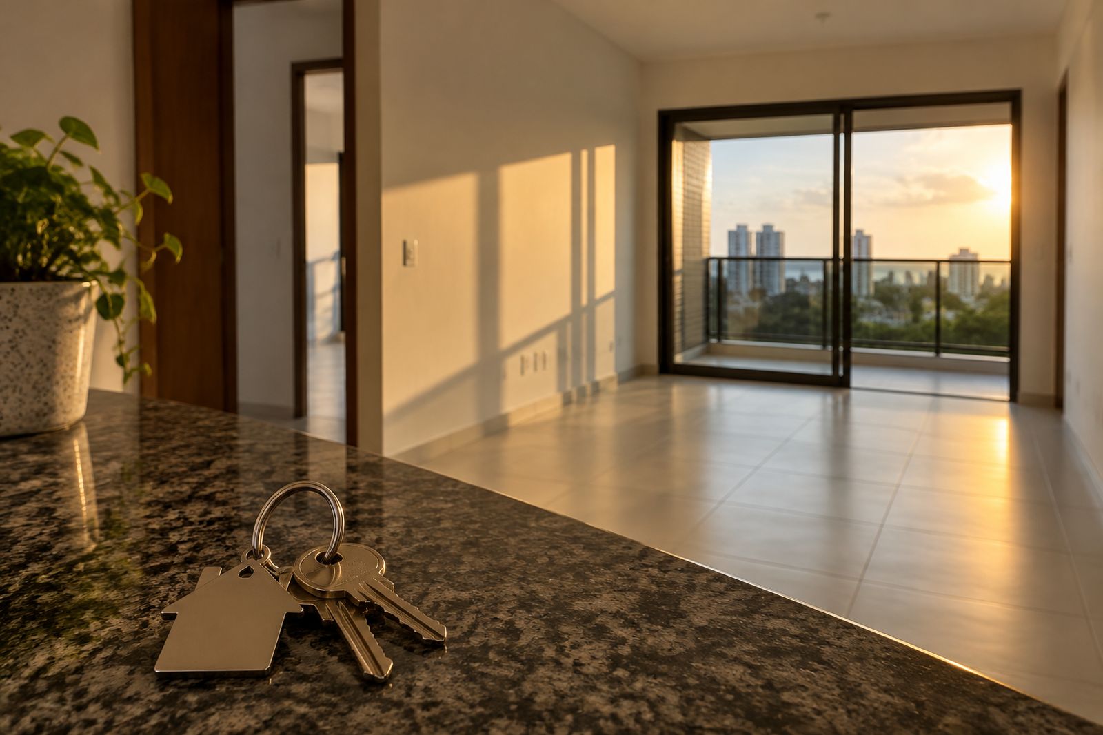 Chaves sobre uma bancada com a sala de um apartamento vazio ao fundo.