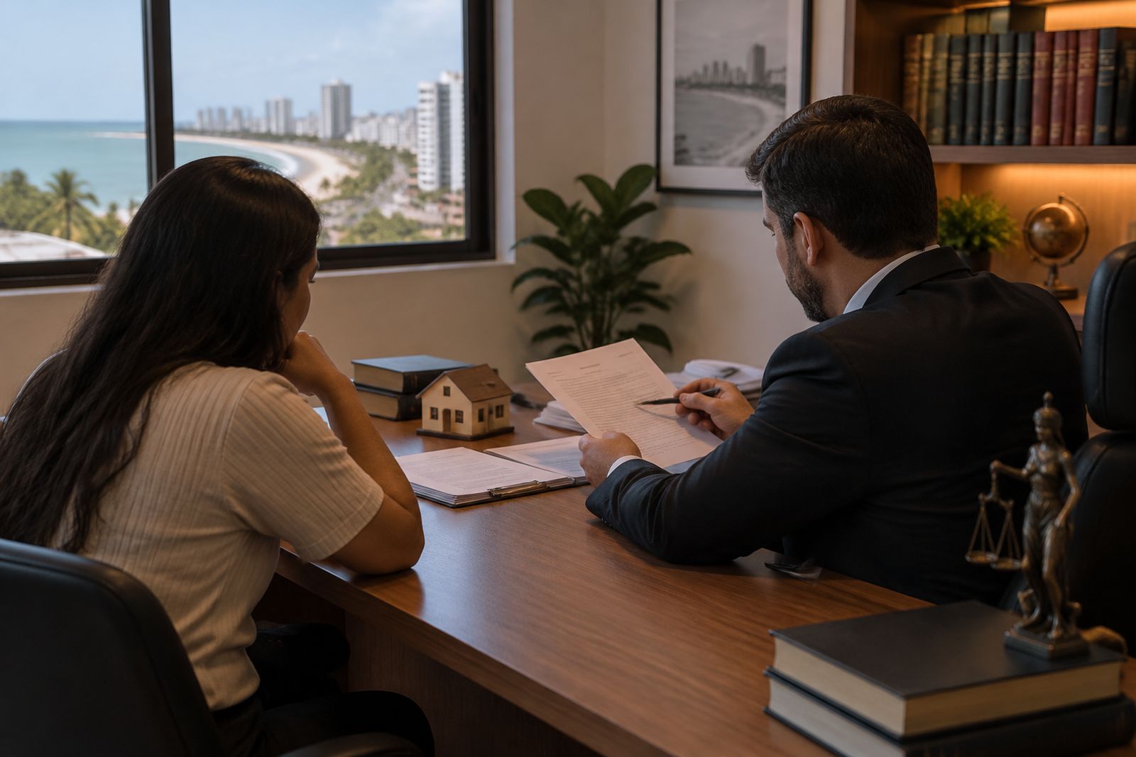 Cliente e profissional conversam sobre documentos e contas após o leilão de um imóvel.