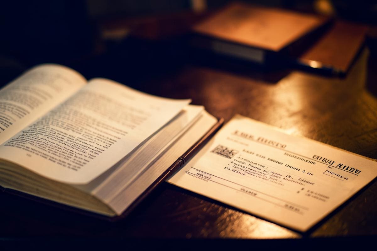 Livro do Código Civil aberto ao lado de escritura imobiliária sobre mesa de madeira escura