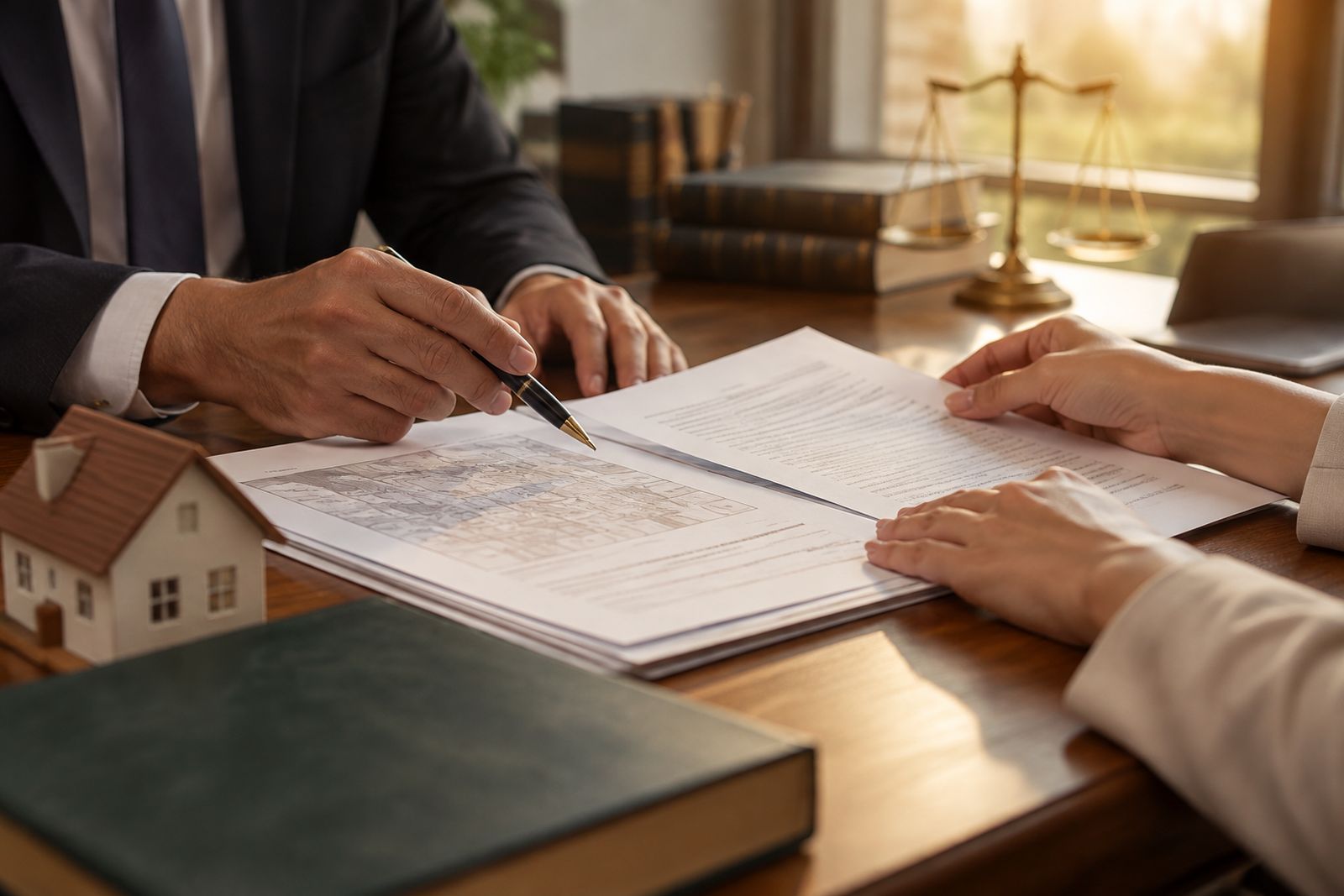 Mãos examinando documentos de financiamento e registro imobiliário sobre uma mesa.