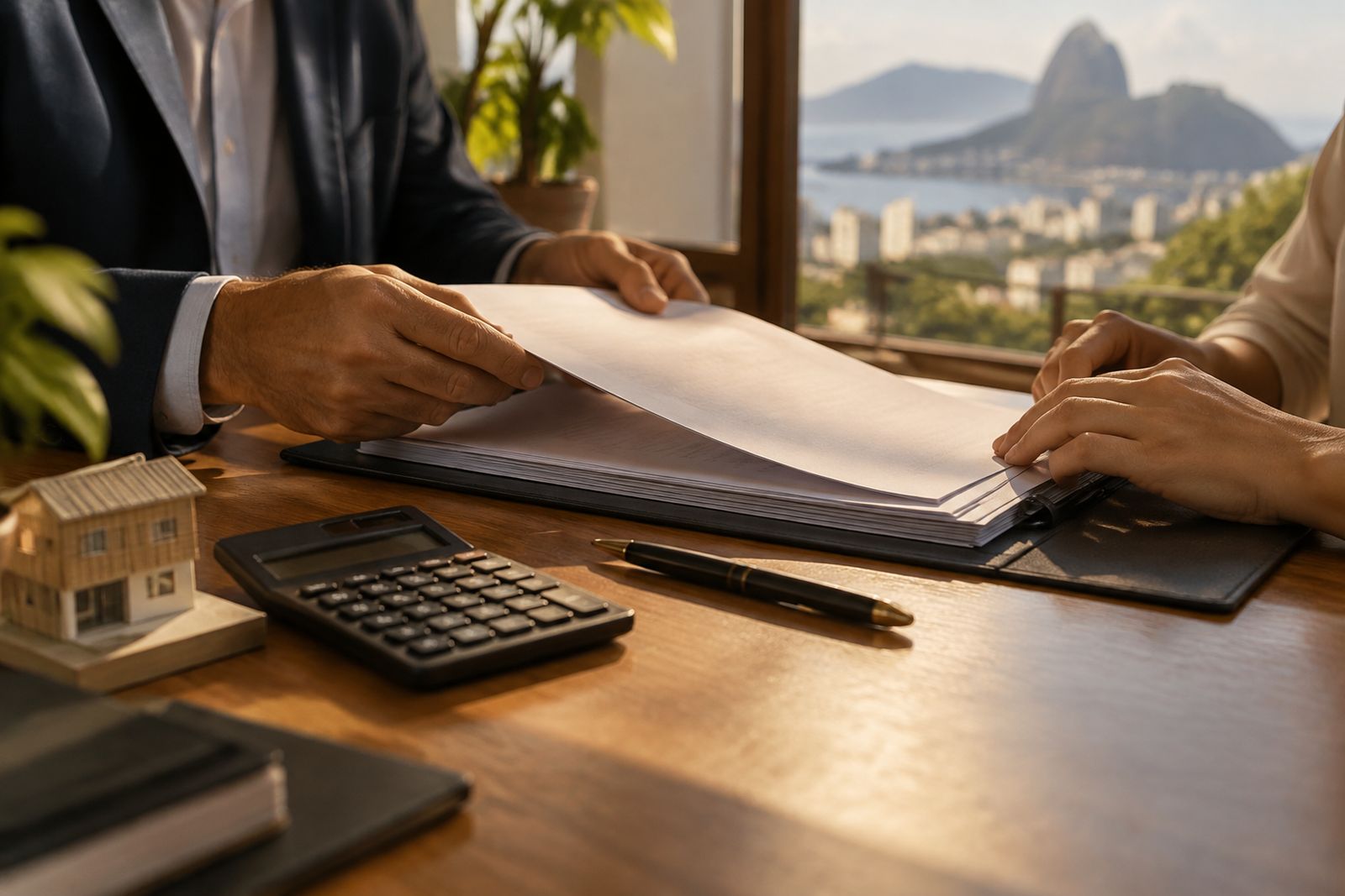 Documentos, caneta e calculadora sobre mesa durante análise de compra de imóvel.