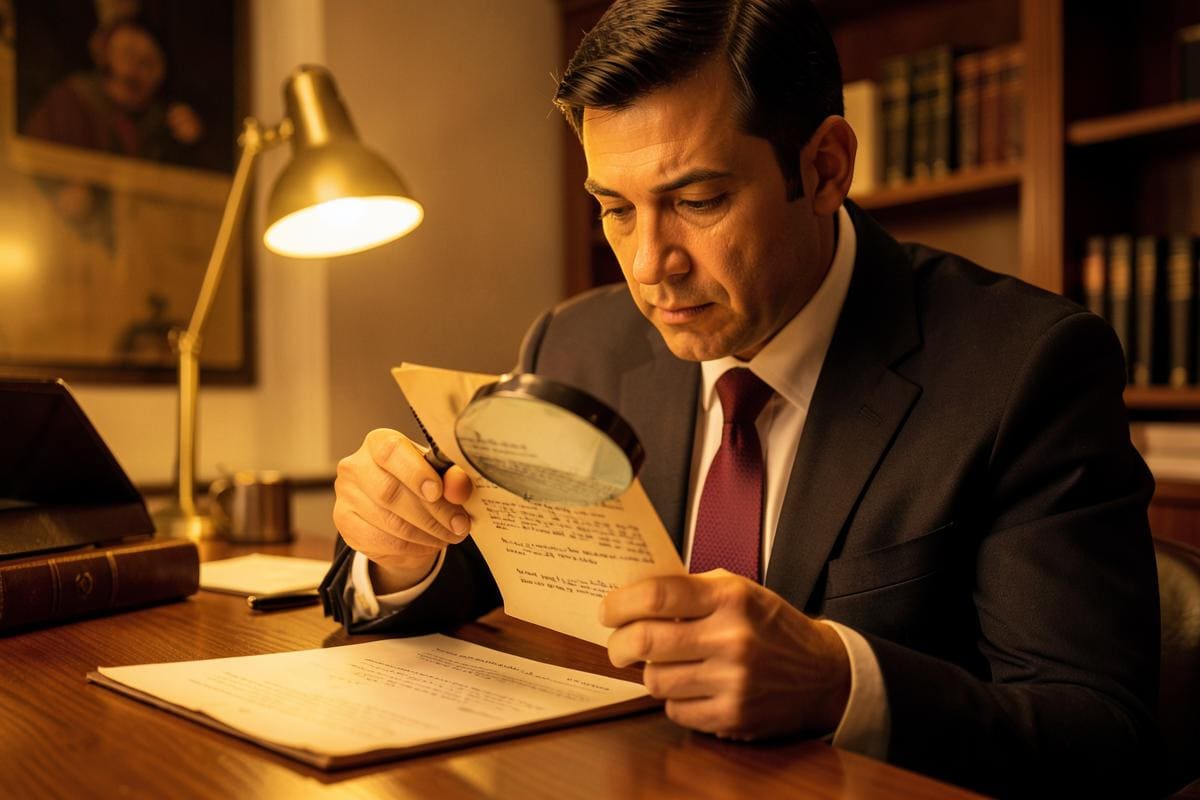Advogado analisando contrato antigo com lupa sob luz de escritório