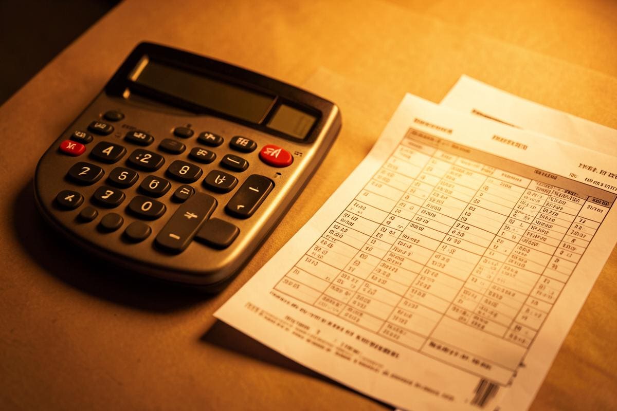 Calculadora e planilha de custos ao lado de documentos imobiliários