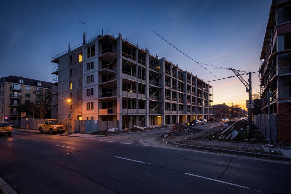 Prédio residencial inacabado com obra paralisada ao entardecer