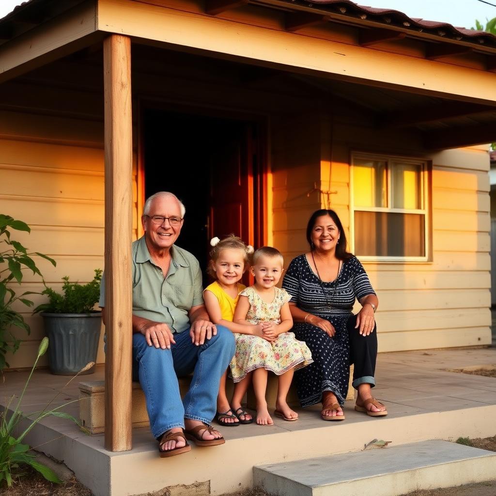 Família brasileira feliz na varanda de sua casa própria em bairro popular