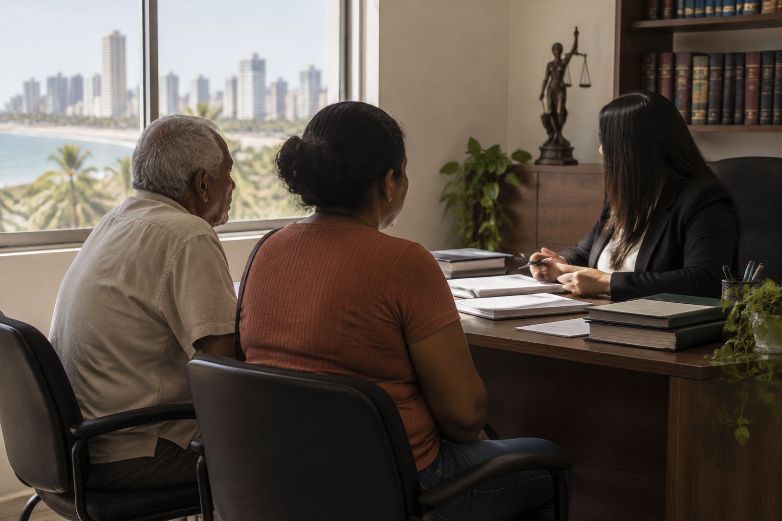 Inquilino idoso e filha conversam com profissional em escritório de João Pessoa.