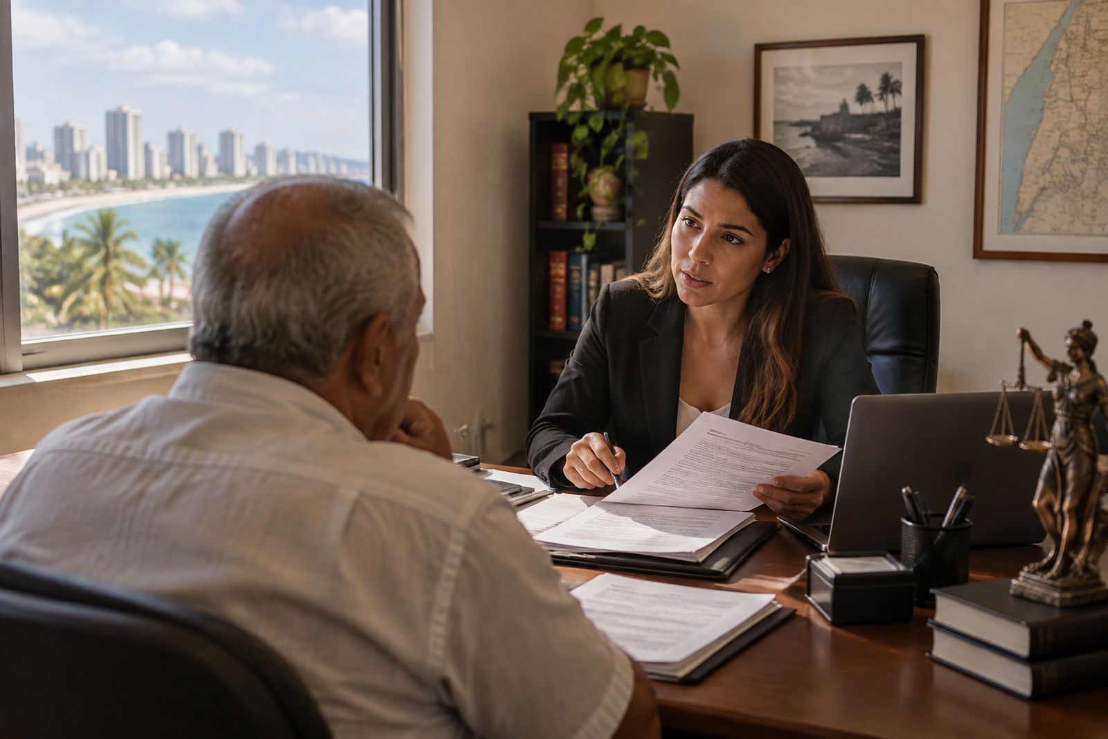 Cliente e advogado conversam sobre a rescisão da compra de um lote em escritório.
