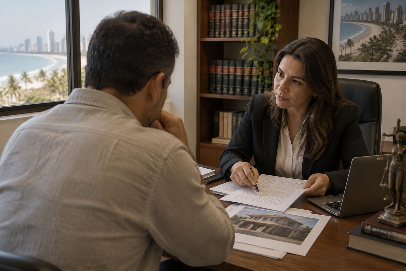 Cliente conversa com advogado sobre documentos de imóvel em escritório.