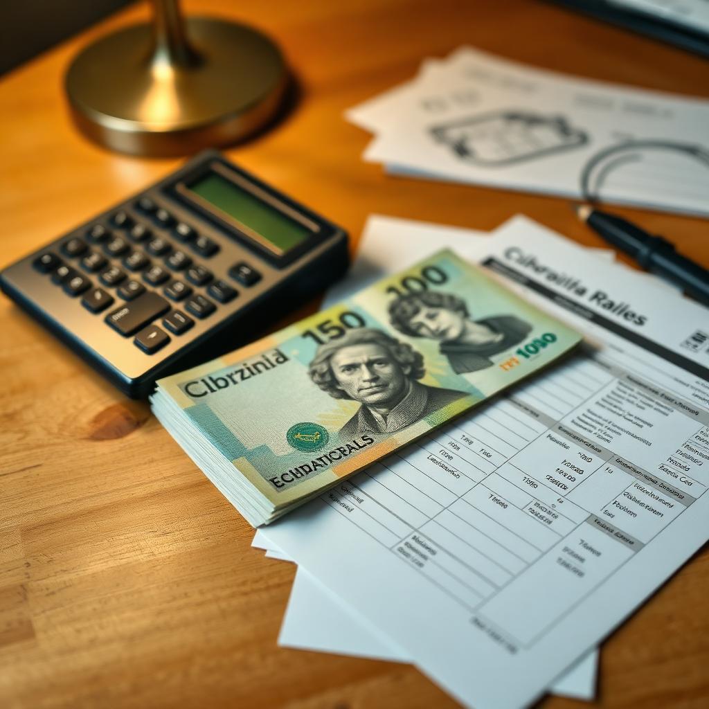 Calculadora, notas de real brasileiro e documentos fiscais sobre mesa de madeira