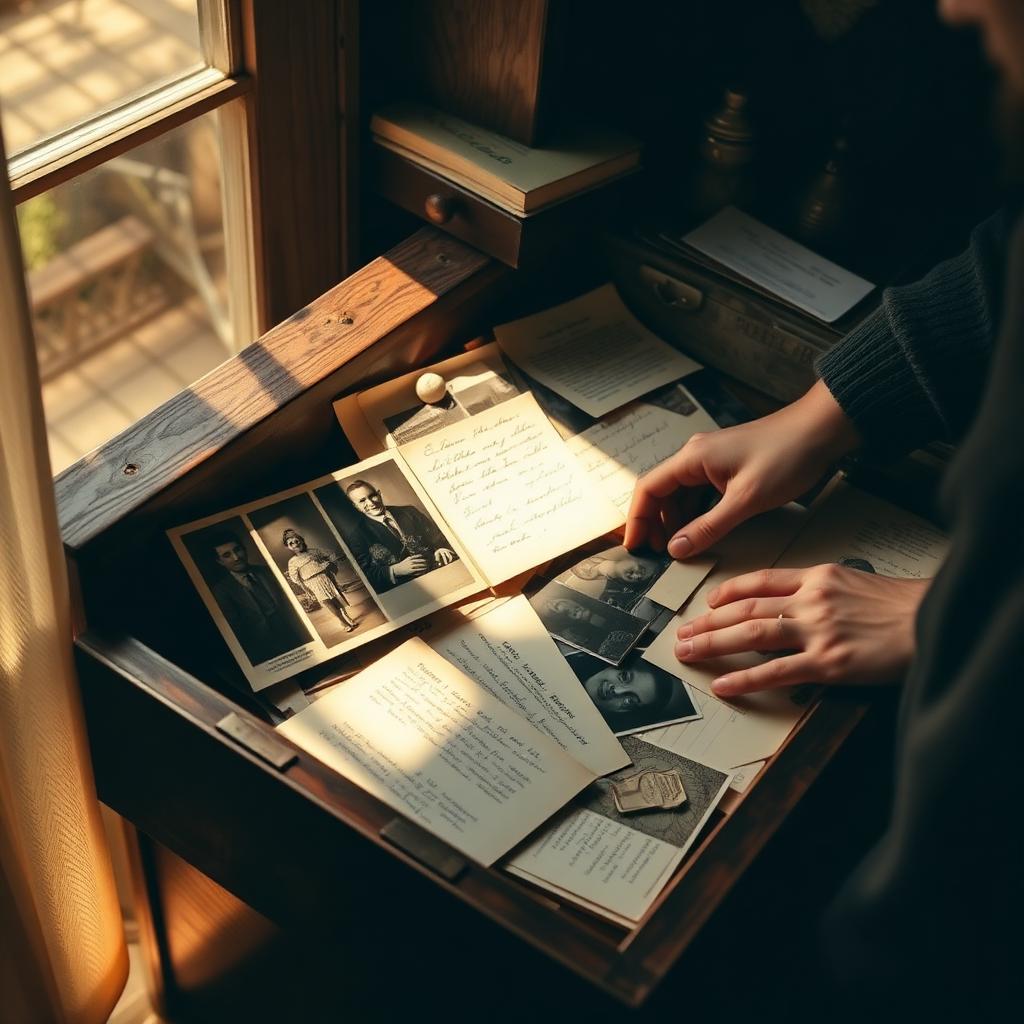 Pessoa abrindo gaveta antiga com fotos e documentos de família em luz suave