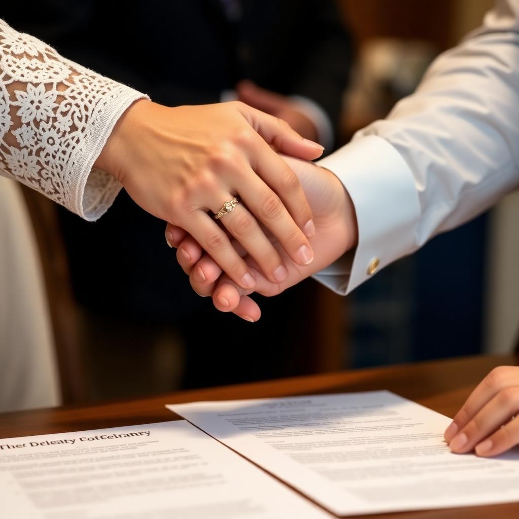 Duas mãos separando alianças de casamento respeitosamente em cartório