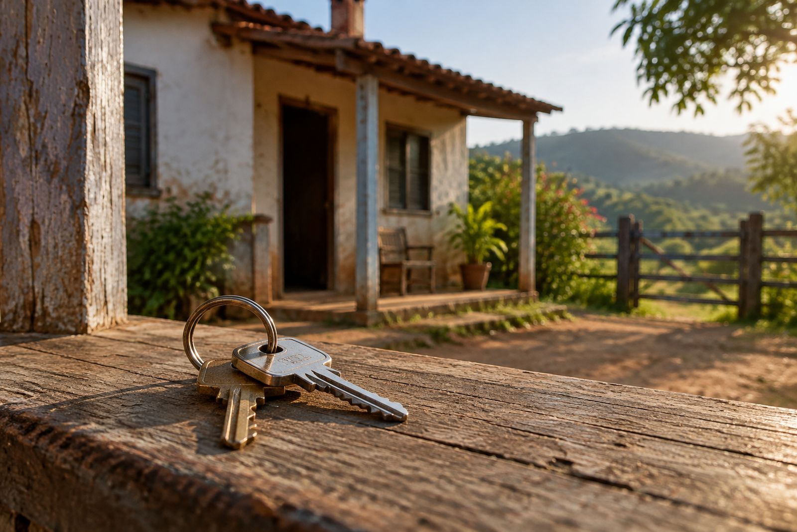 Chaves sobre apoio de madeira na varanda, com uma casa rural ao fundo.