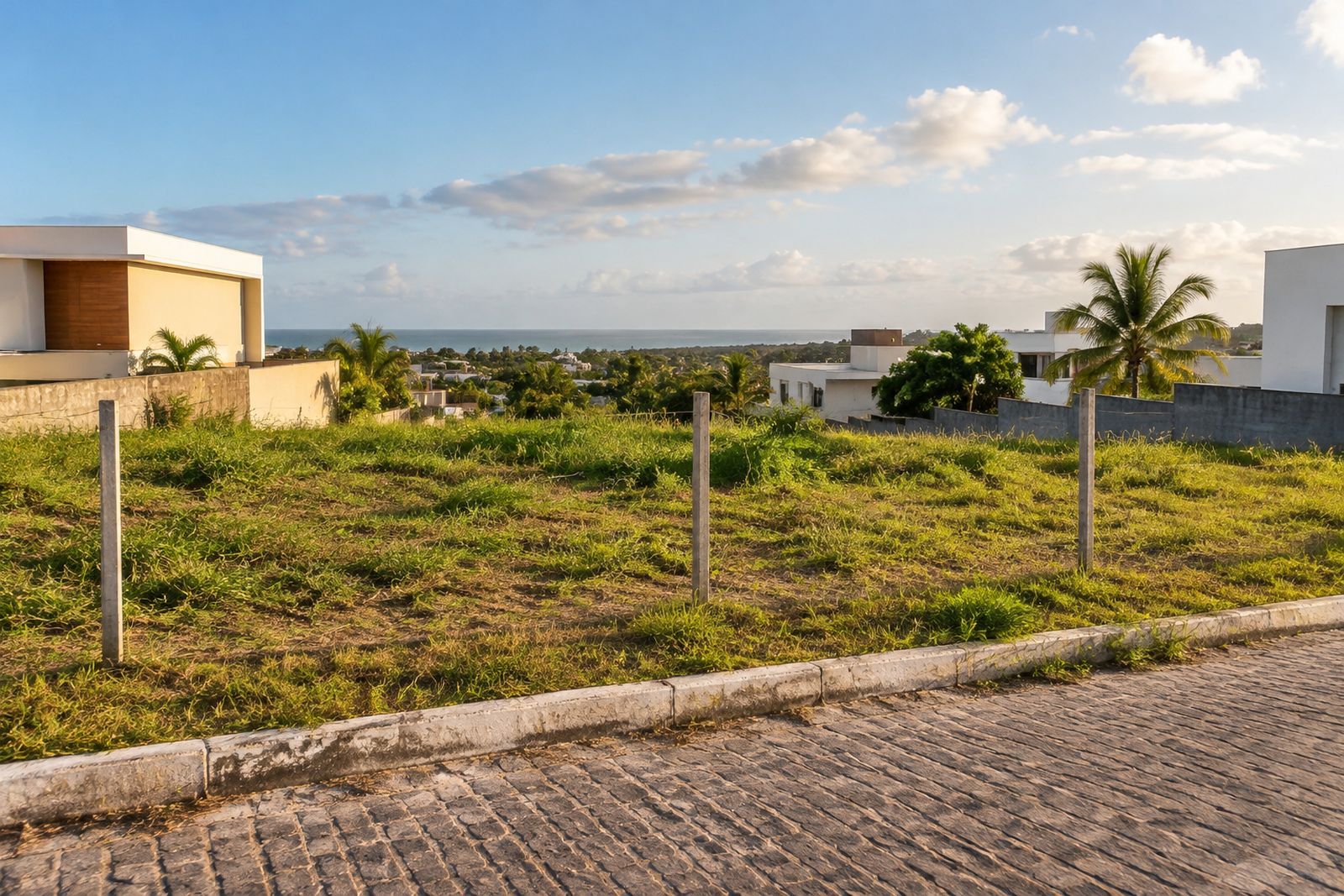 Lote sem construção com marcos de divisa, calçada e casas ao fundo.