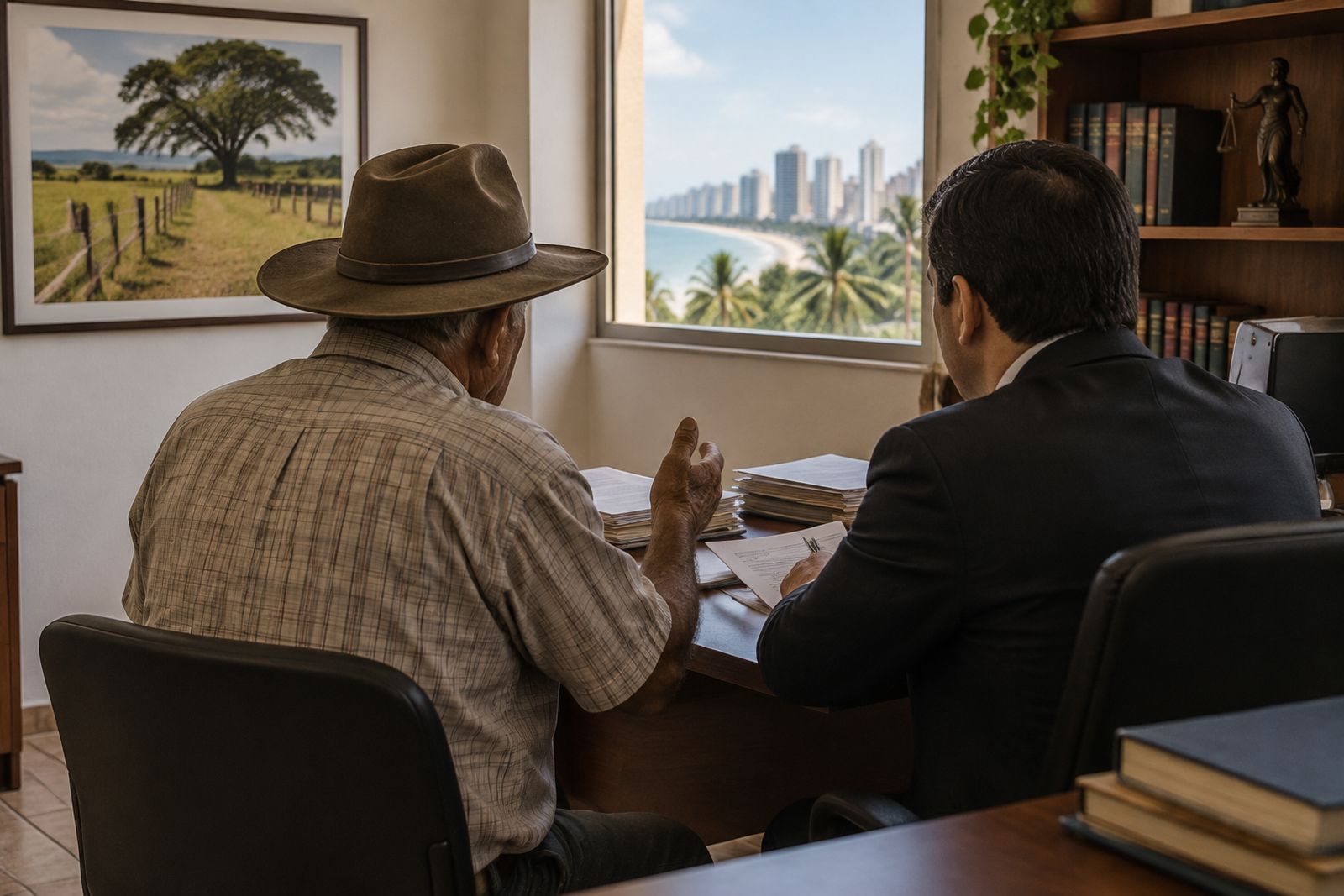 Proprietário e advogado conversam em escritório com documentos sobre a mesa, vistos de costas.