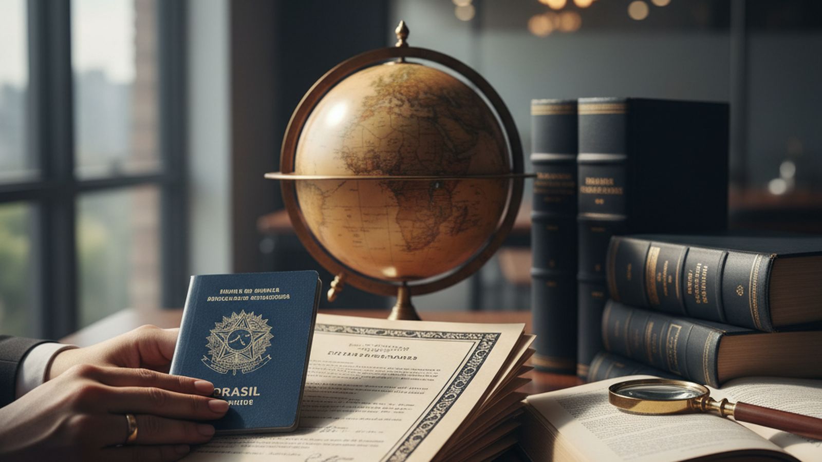 Ilustração: globo e documentos de bens no exterior
