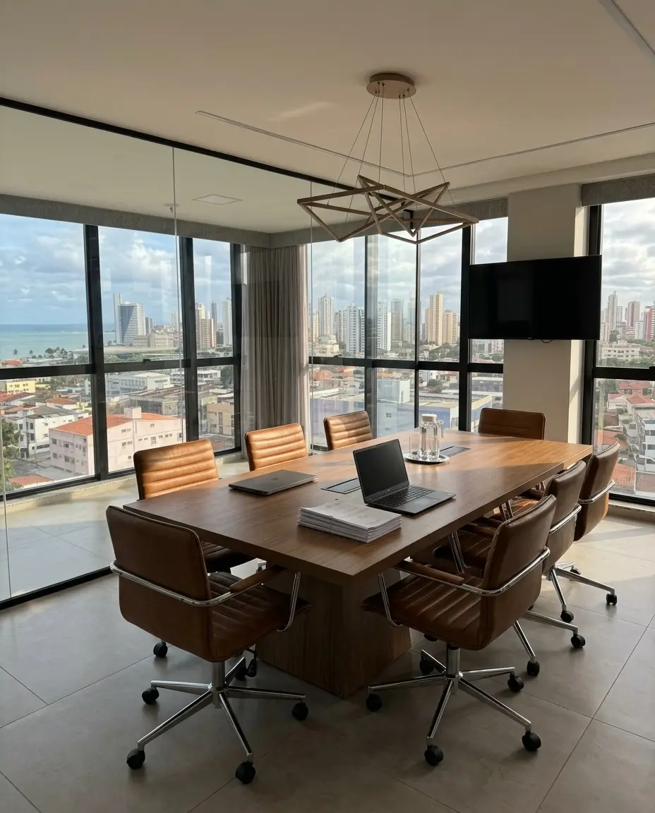 Sala de reuniões do escritório Dantas, Valengo & Cunha com vista para a cidade e o mar
